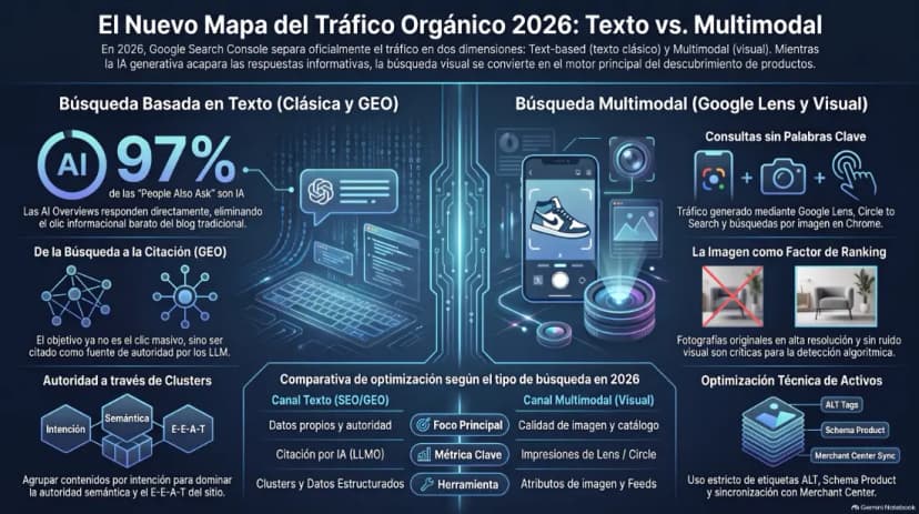 Infografía El nuevo mapa del tráfico orgánico 2026: a la izquierda la búsqueda basada en texto (clásica y generativa, donde el objetivo es ser citado por los LLM y construir autoridad con clusters y E-E-A-T); a la derecha la búsqueda multimodal (Google Lens, Circle to Search y búsqueda por imagen en Chrome, donde la calidad de imagen, los alt, el schema Product y Merchant Center pasan a ser factores de ranking).