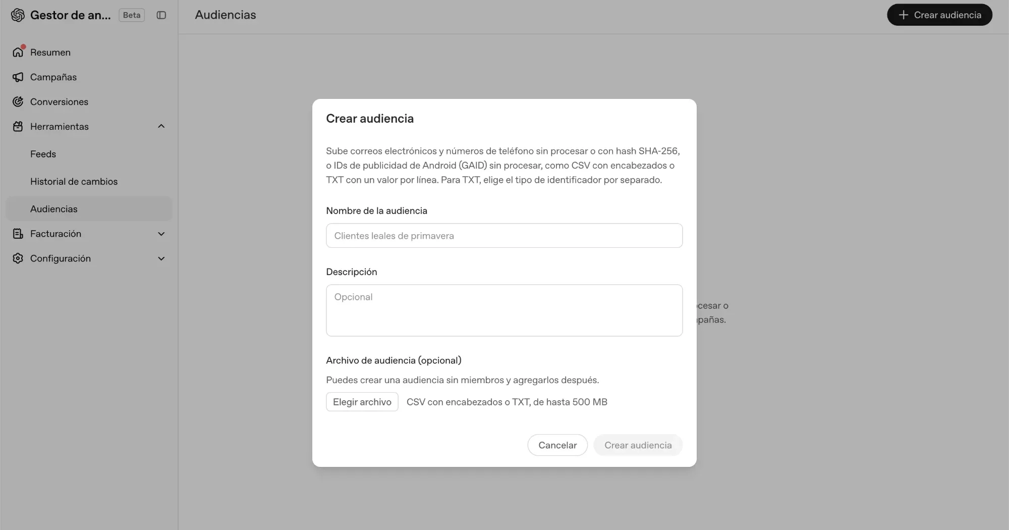 Gestor de anuncios de OpenAI: ventana Crear audiencia con nombre, descripción y archivo CSV o TXT