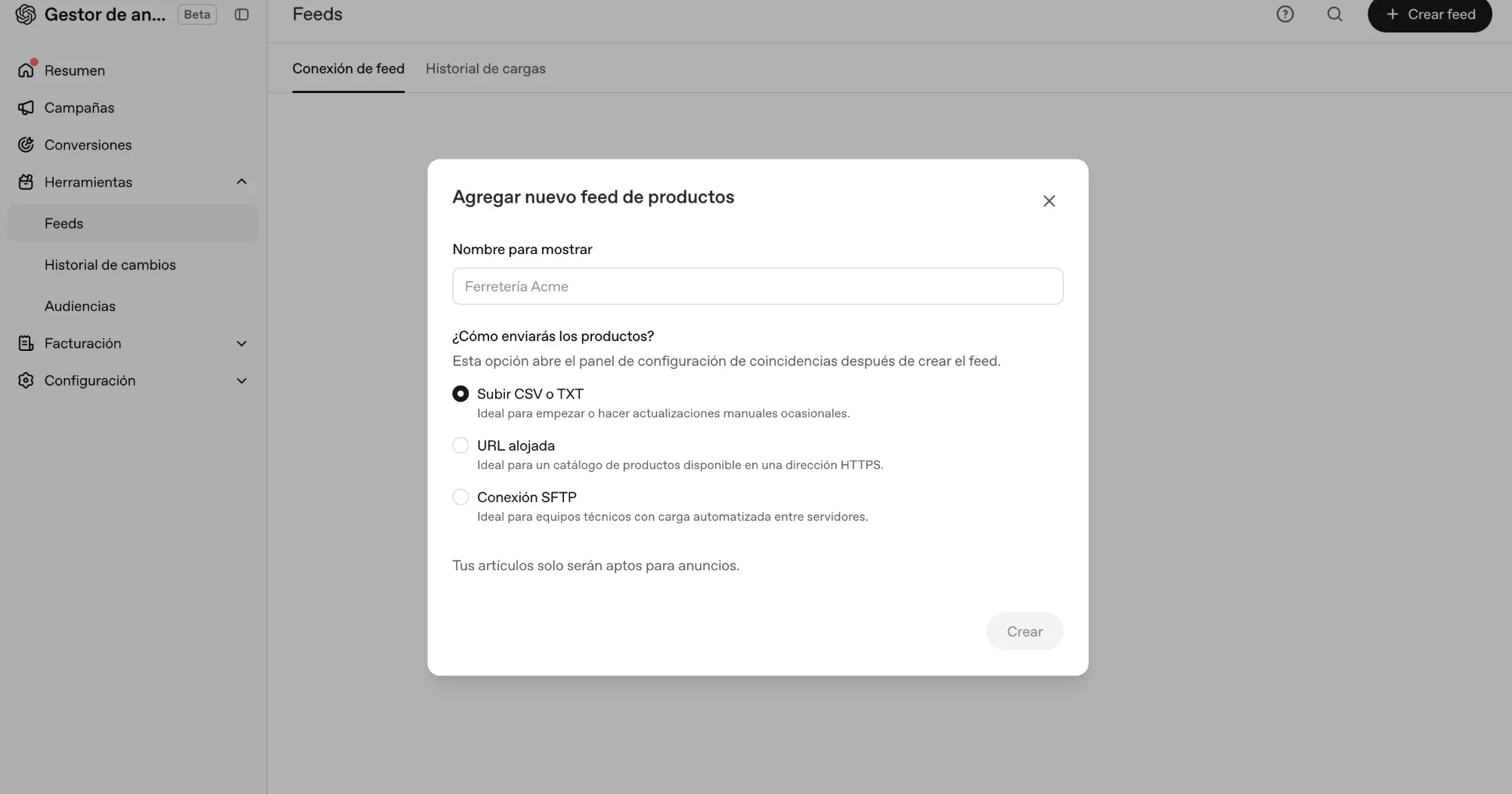 Gestor de anuncios de OpenAI: ventana Agregar nuevo feed de productos con tres opciones de envío