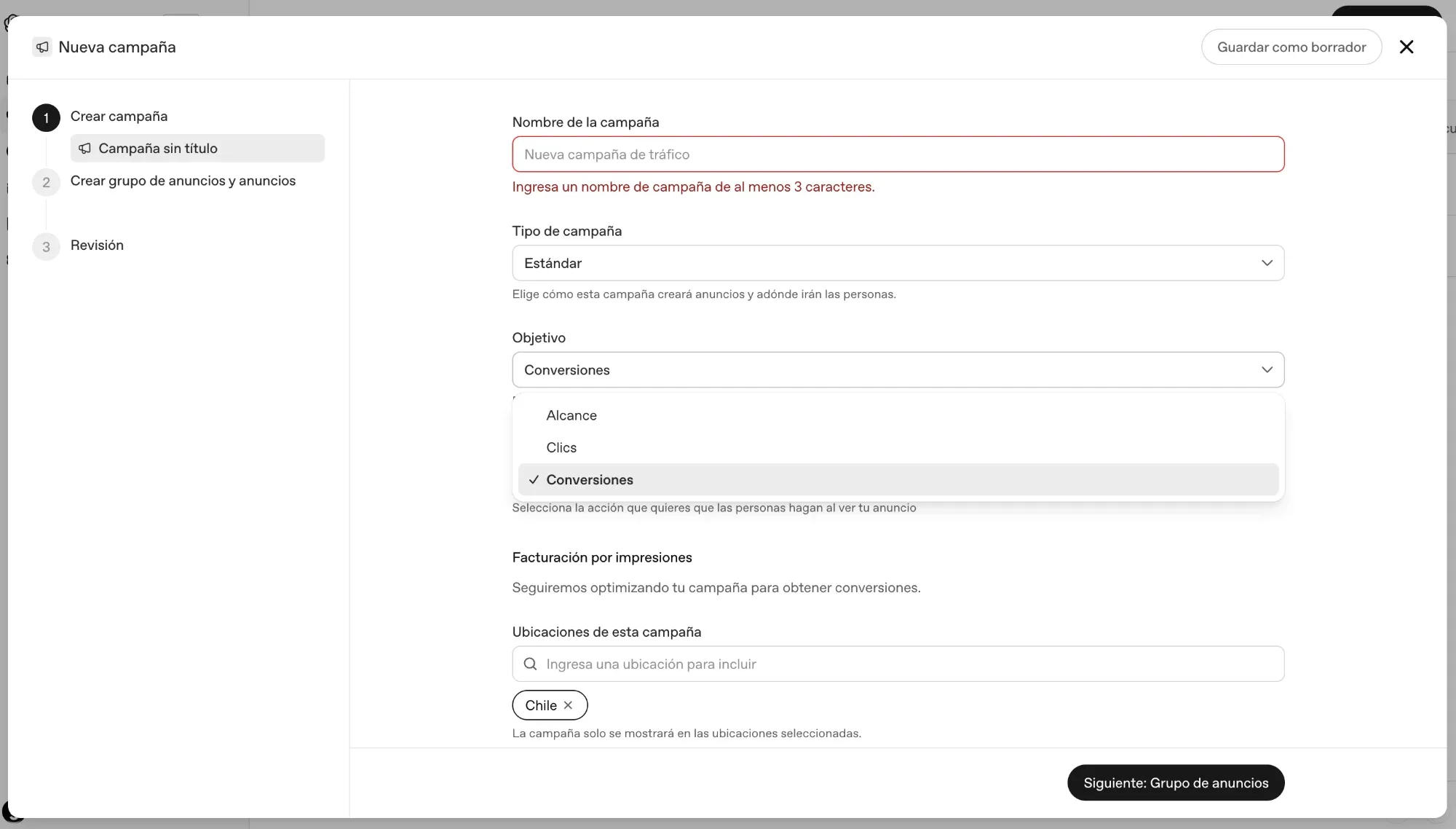 Gestor de anuncios de OpenAI: formulario Nueva campaña con nombre, tipo, objetivo y ubicaciones